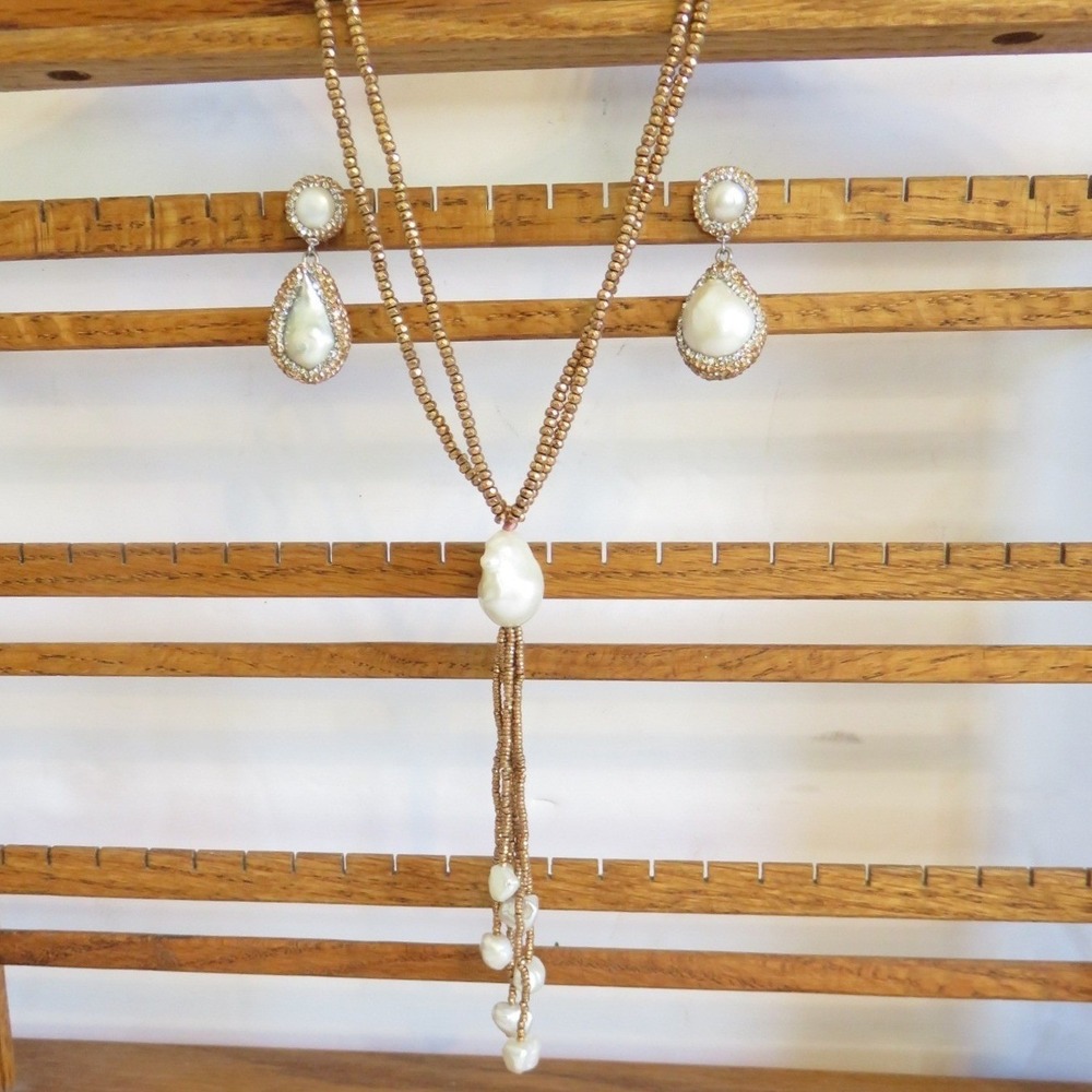 LUC Sterling Silver Rose Gold‎ Plated Pearl Drop Lariat Necklace & Earring Set